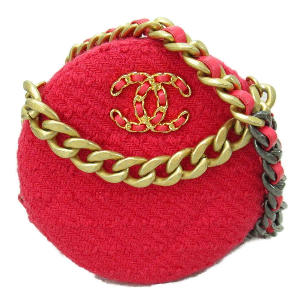 CHANEL Chanel19 Round Pochette Chain Bag Wool Tweed Pink